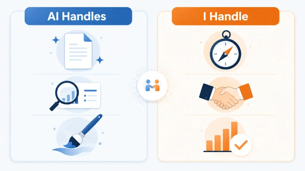 Framework showing which digital marketing tasks AI handles versus human judgment